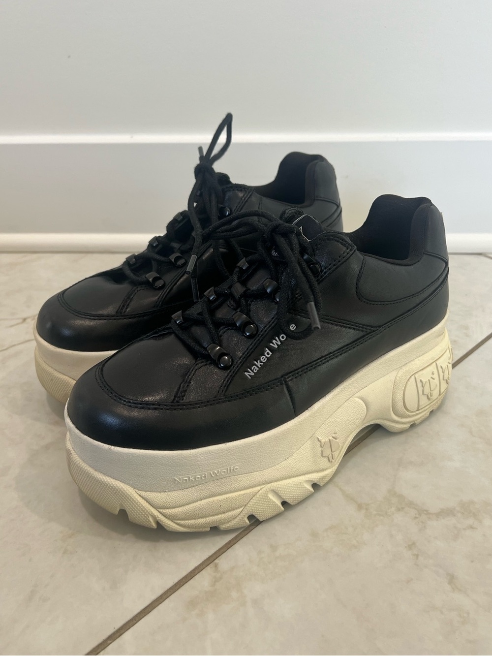 Naked Wolfe Black Leather Sporty Chunky Sneakers Size 38 EU